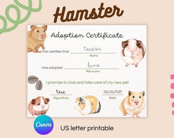 Hamster Adoption Certificate Printable for Kids Editable Text Canva Template Small Pet Care Activity US Letter