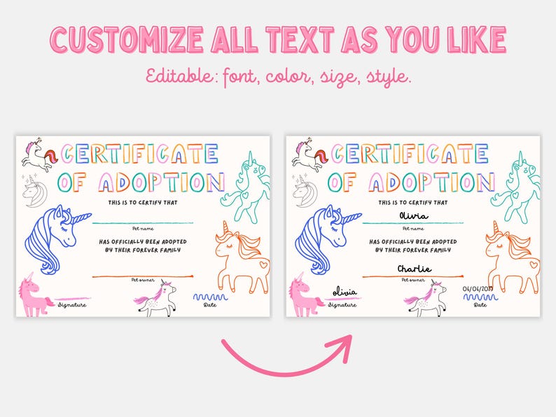 Unicorn Adoption Certificate Printable: Magical Kids Activity (digital ...