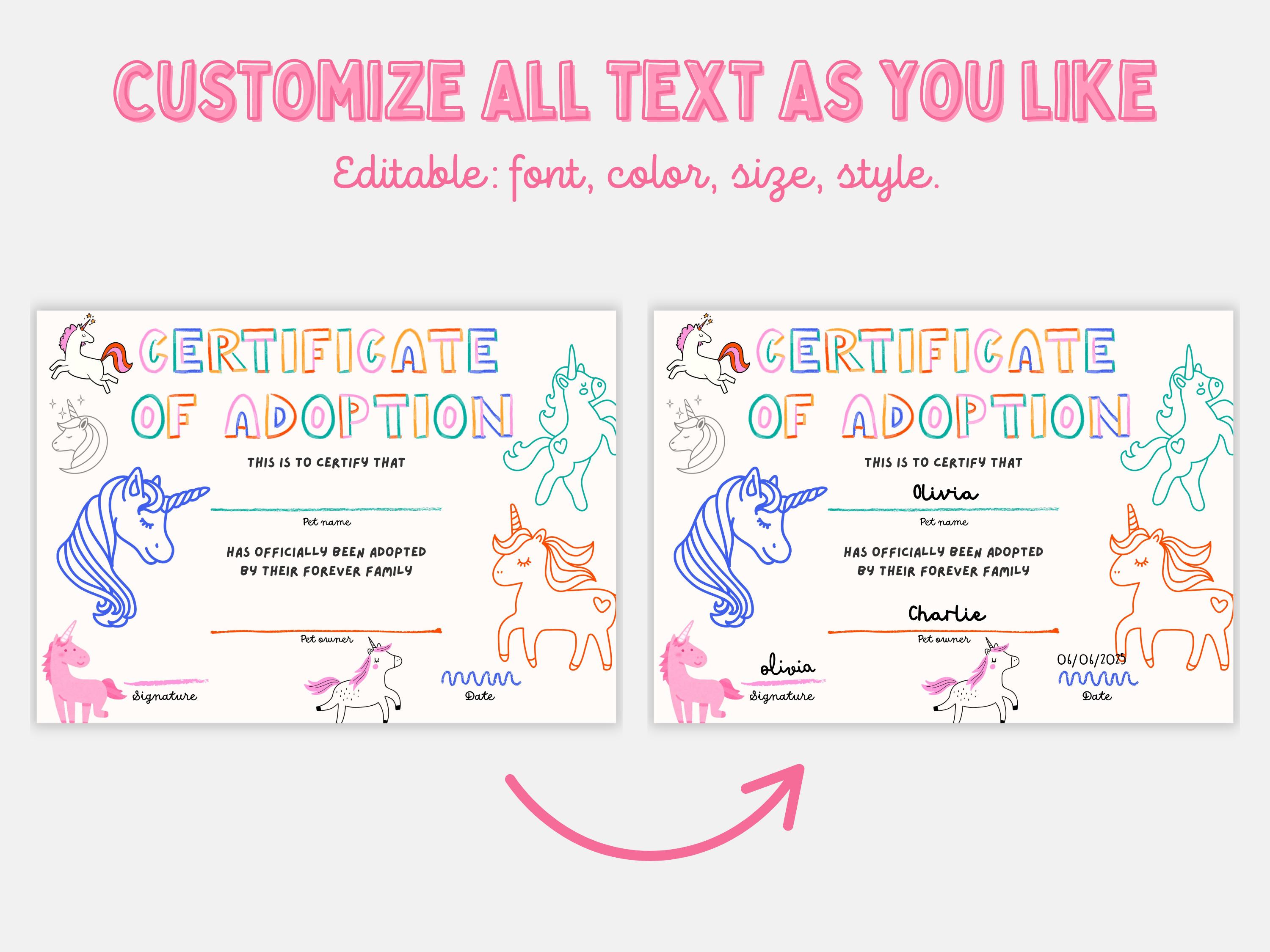 Unicorn Adoption Certificate Printable: Magical Kids Activity (digital ...