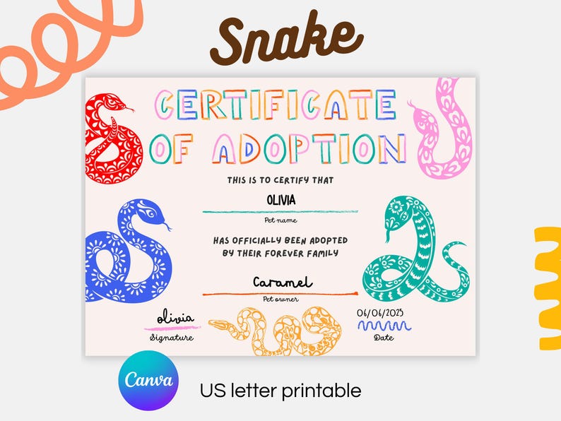 Reptile Rescue Form Snake Adoption Certificate Printable for Kids, Editable Canva Template ...