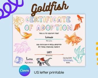 Adoptiecertificaat goudvis afdrukbaar voor kinderen, bewerkbare canvassjabloon, visfeestgunst, klasactiviteit, afdrukbare verjaardag