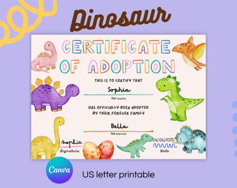Dinosaur Adoption Certificate Printable for Kids Editable Text Canva Template Prehistoric Science Activity 7x5 Inches