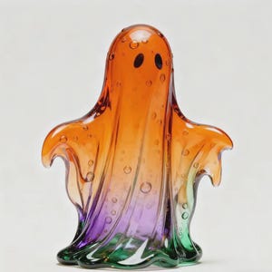Könnte beinhalten: Dekorative Glas-Geisterfigur in Orange, Lila und Grün. Der Geist hat zwei schwarze Augen und ist mit Luftblasen gefüllt. Das Glas ist durchscheinend. Eine einzigartige Halloween-Dekoration.