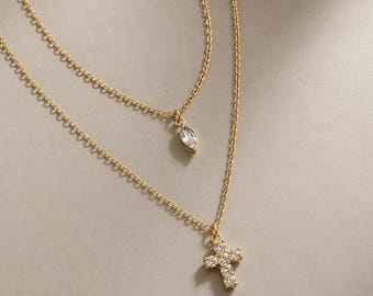 Cross Water Drops Necklace – Gold Double Layer Necklace with Clear Rhinestone Cross Pendant & Marquise Crystal Drop – Elegant Jewelry Gift