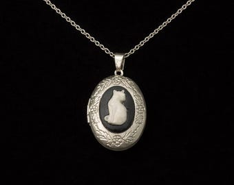 Vintage Silver Cat Cameo Locket Necklace - Handmade Sterling Silver Jewelry - Gift for Cat Lovers