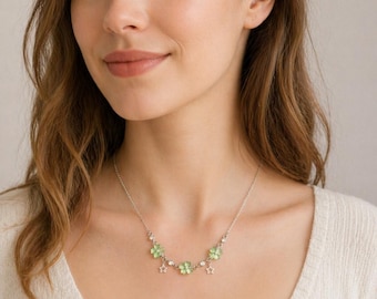 Handmade Green Floral Necklace | Sterling Silver Star Charm Necklace | Personalized Gift for Her | Custom Jewelry with Four-Leaf Flowers