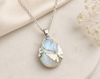 Butterfly Opal Necklace, Blue Oval Pendant Necklace, Silver Nature Jewelry, Delicate Butterfly Charm, Gift For Her, Handmade Style Necklace