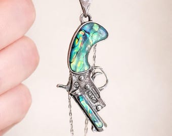 Abalone Revolver Pendant Necklace, Iridescent Shell Gun Charm, Silver Statement Jewelry, Unique Western Style Necklace