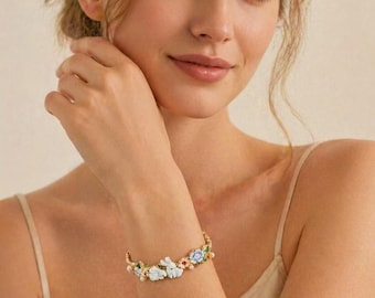 Enamel Flower Bracelet, Floral Charm Bracelet, Gold Pearl Bracelet, Cute Spring Jewelry, Gift for Her, Birthday Gift for Mom Girlfriend