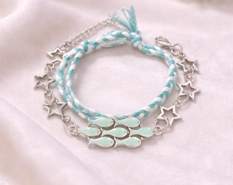 Blue Ocean Fish Charm Bracelet | Woven Rope, Star Pendants, Sailor Style