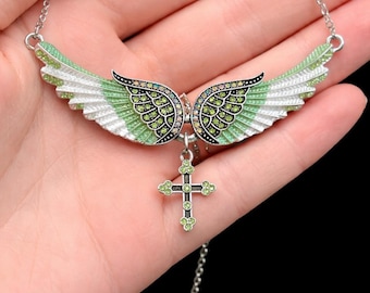 Angel Wing Cross Necklace, Crystal Wing Pendant Necklace, Silver Wing Necklace, Peridot Blue Clear Crystal, Religious Gift, Women Jewelry