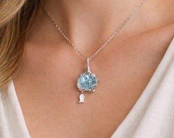 Wire Wrapped Aquamarine Necklace, Silver Ocean Bottle Pendant, Fish Charm, Beach Jewelry