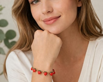 Strawberry Charm Bracelet, Cute Fruit Jewelry, Red Enamel Bracelet, Summer Aesthetic Gift for Women, Kawaii Jewelry, Adjustable Bracelet