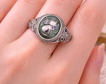 Vintage Silver Cat Ring with Wings, Handmade Oval Signet Ring, Cute Fantasy Kitty Jewelry, Adjustable Animal Ring Gift for Her