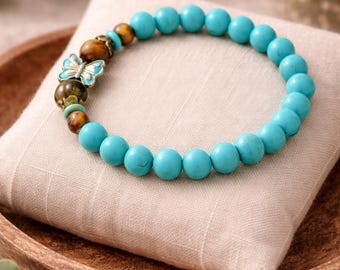 Turquoise Butterfly Bracelet | Natural Stone Beaded Jewelry, Alloy Pendant