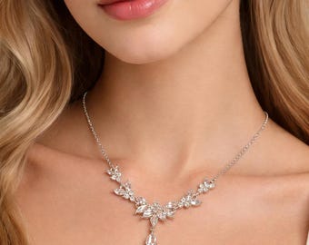 Floral Crystal Bridal Necklace, Wedding Necklace for Bride, Silver Leaf CZ Necklace, Bridesmaid Jewelry, Elegant Drop Pendant Gift