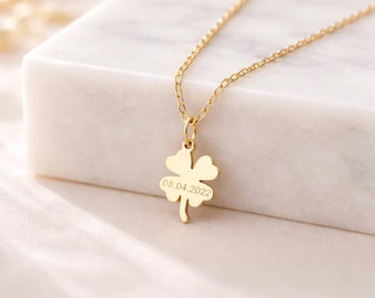 Customizable Four-Leaf Clover Necklace, Engraved Gold or Silver Pendant, Personalized Charm