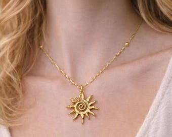 Gold Sun Pendant Necklace, Retro Spiral Charm, Adjustable Snake Chain, Celestial Boho Jewelry