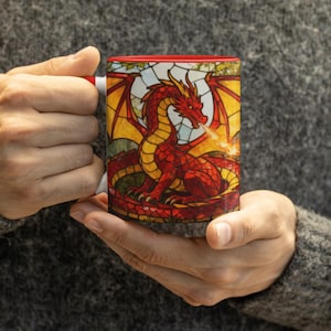 Stained glass inspired fantasy mug featuring a red fire-breathing dragon, perfect for dragon lovers, tabletop RPG fans, husbands, boyfriends, or fantasy-loving dads.