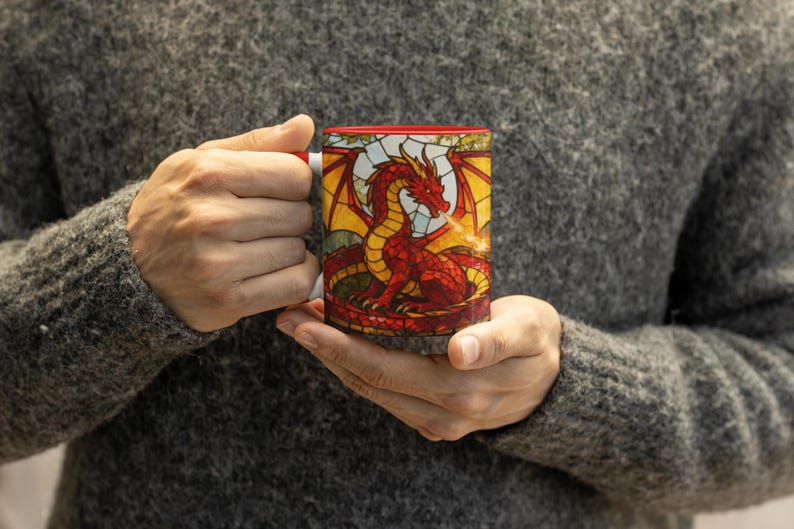 Stained glass inspired fantasy mug featuring a red fire-breathing dragon, perfect for dragon lovers, tabletop RPG fans, husbands, boyfriends, or fantasy-loving dads.