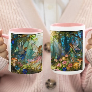 Stained glass-inspired woodland fairy mug featuring a whimsical fantasy fairy design, perfect as a birthday gift for a fantasy lover, fairy reader, sister, or fairy enthusiast.