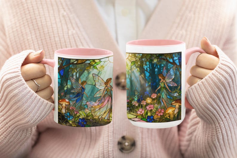 Stained glass-inspired woodland fairy mug featuring a whimsical fantasy fairy design, perfect as a birthday gift for a fantasy lover, fairy reader, sister, or fairy enthusiast.