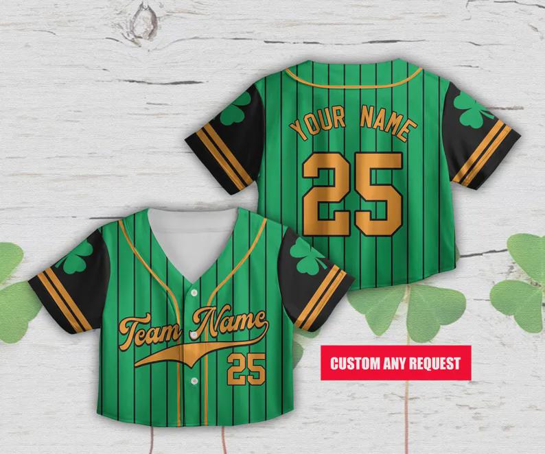 Discover St Patricks Day Irish Crop Top Baseball Jersey, Personalized Name Lucky Shamrock Shirt