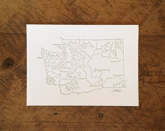 Washington State Illustrated Map Letterpress Print - 5x7