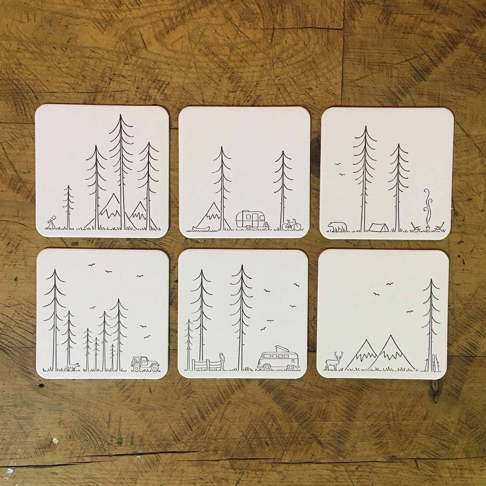 Minimal Adventure Letterpress Coasters - Ensemble de 6