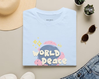World Peace T-Shirt | Whimsical Clouds Earth Stars Design