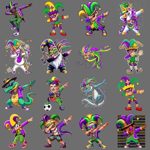 May include: A collection of cartoon characters in Mardi Gras attire, dabbing. The characters include a person, a gnome, a unicorn, a dragon, and an alligator, all wearing purple, green, and gold outfits and hats.