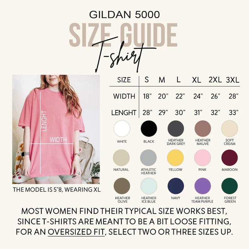 Puede incluir: Gu&iacute;a de tallas para camiseta Gildan 5000 con una tabla que muestra anchos y largos en pulgadas para las tallas S a 3XL. El gr&aacute;fico muestra una paleta de colores que incluye blanco, negro, gris oscuro, malva, crema, natural, gris jaspeado, amarillo, rosa, granate, oliva, azul hielo, marino, morado y verde bosque. El texto incluye instrucciones de tallaje.
