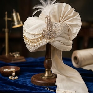 Vintage Ivory Satin looking Decorative Turban Hat with Gold Sequin Accent 1950s Cream Hat - Etsy main image 4