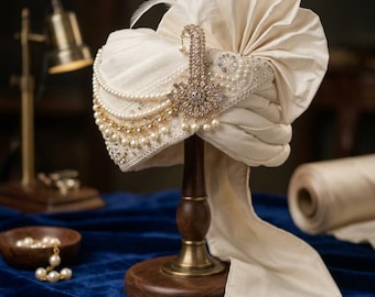 Turbante da sposo color avorio con Kalgi di perle e cristalli – Safa da matrimonio reale indiano