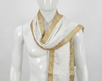 Estola de boda tradicional india Patka de oro blanco con borde de perlas (2,5 m)