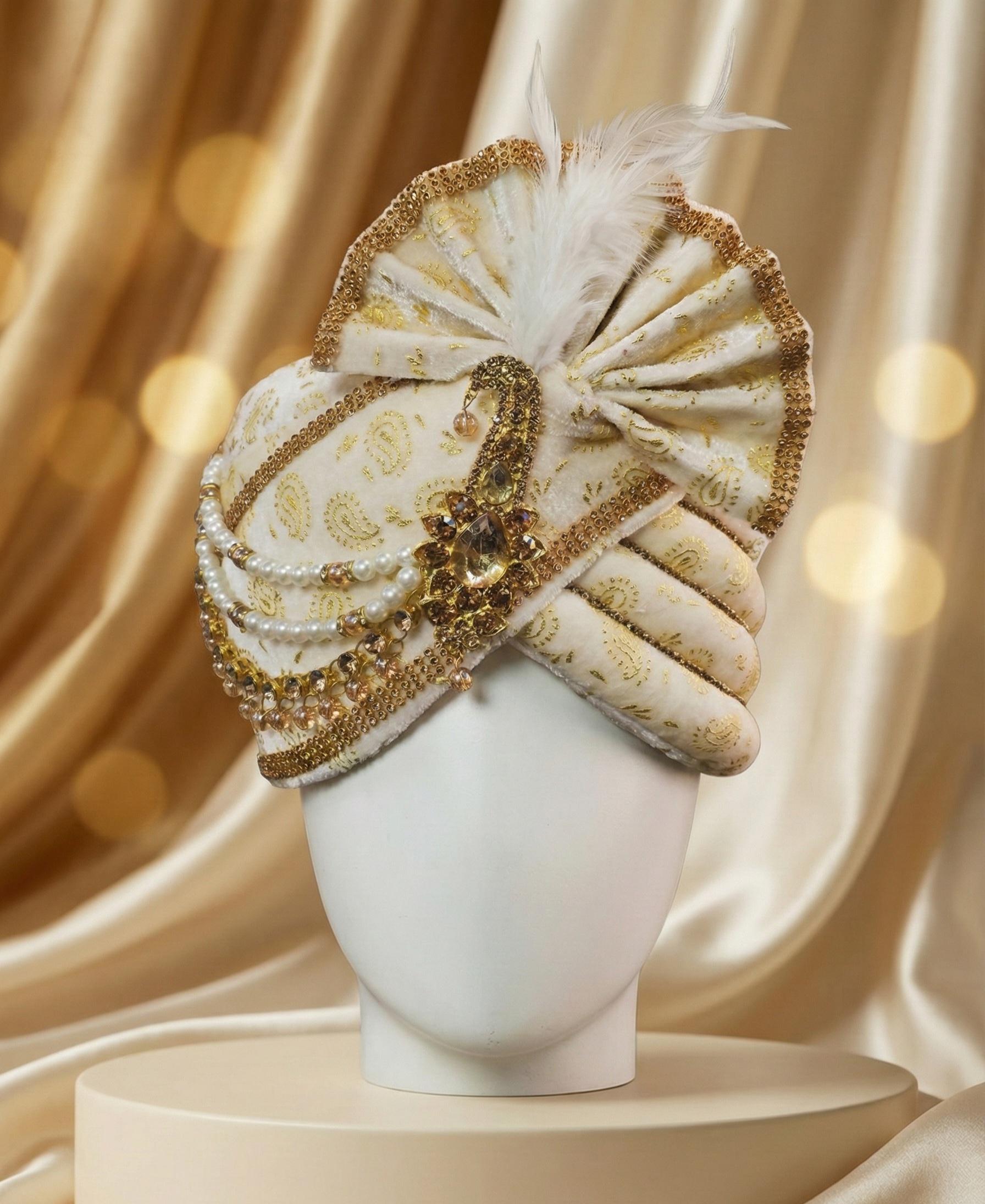 Ivory & Gold Royal Wedding Safa for Groom | Handcrafted Pearl, Stone ...