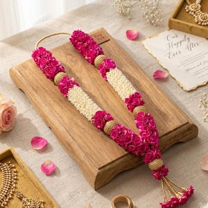 May include: A floral garland with alternating sections of bright pink flowers and creamy white blossoms, with gold-coloured beads. The garland is displayed on a wooden surface, with scattered rose petals and a wedding invitation in the background.