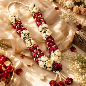 Puede incluir: Un collar de guirnalda floral con racimos alternos de rosas artificiales de color rojo oscuro y crema, acentuado con pequeñas flores blancas de relleno y cuentas doradas. El collar termina con un hilo de perlas blancas y borlas.