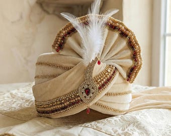 Royal Cream Velvet Turban | Indian Wedding Groom Pagdi with Tail | Handcrafted Jeweled Safa