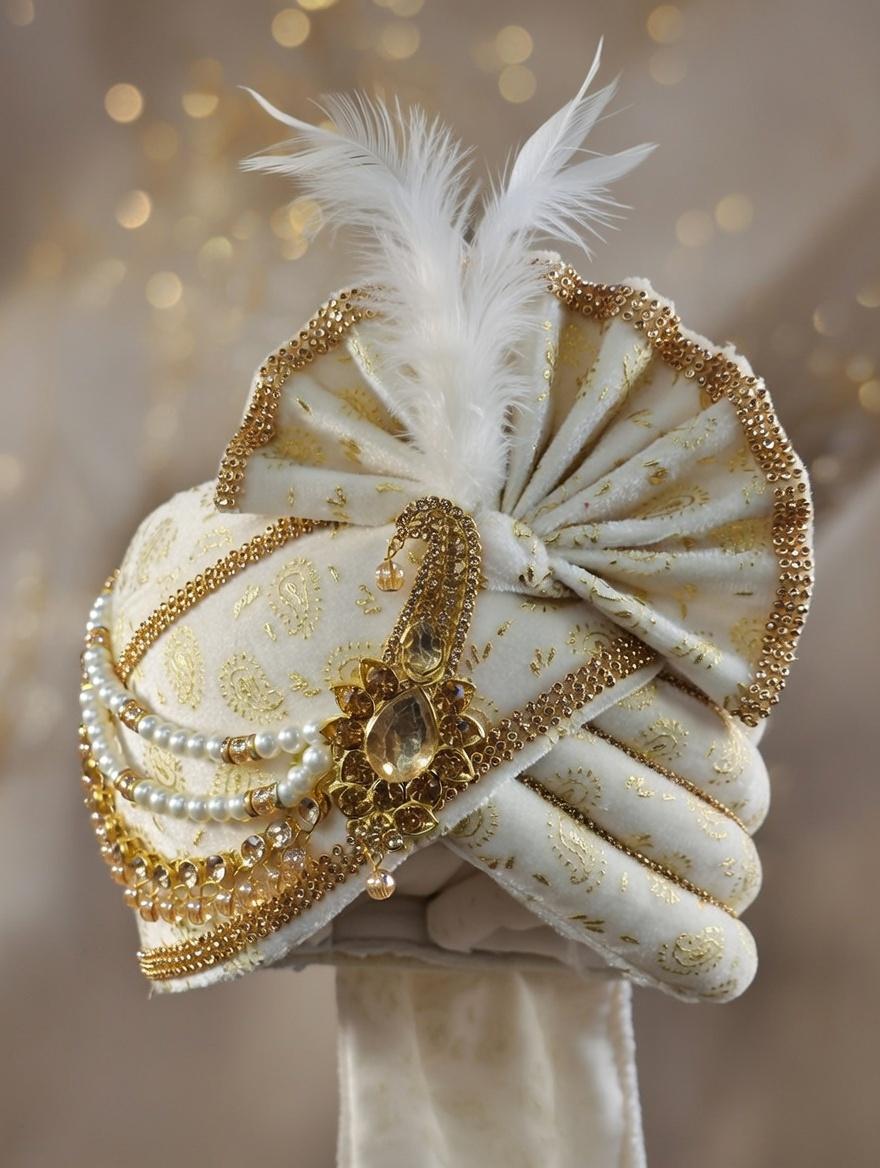 Ivory & Gold Royal Wedding Safa for Groom | Handcrafted Pearl, Stone ...