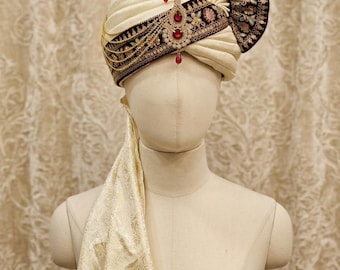 Royal Ivory Silk Turban – Maroon Zardosi Border, Ruby Kalgi, Maharaja Pagri