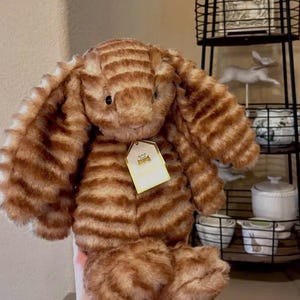 K&ouml;nnte beinhalten: Ein gestreiftes Stoffkaninchen in Braun- und Beiget&ouml;nen. Das Kuscheltier hat lange, schlaffe Ohren und ein kleines Etikett. Das Kaninchen ist weich und kuschelig, perfekt f&uuml;r eine Kinderspielzeugsammlung.