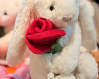 Jellycat Cream Bunny with Rose Plush, Authentic Romantic Gift for Her