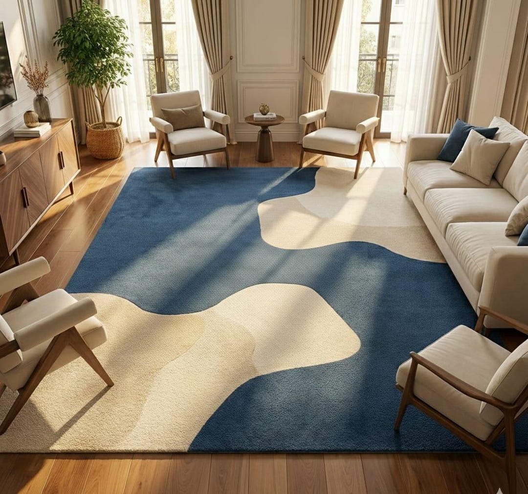 Modern Abstract Hand Tufted Wool Rug Navy Blue Organic Wave Area Rug ...
