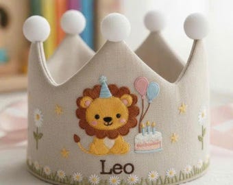 Gepersonaliseerde linnen verjaardagskroon, geborduurde dierenmotieven, LEEUW-motieven, Cake Smash