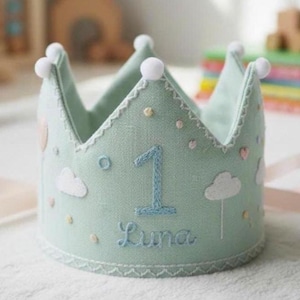 Corona di compleanno in lino ricamata a mano, decorazione ricordo per feste
