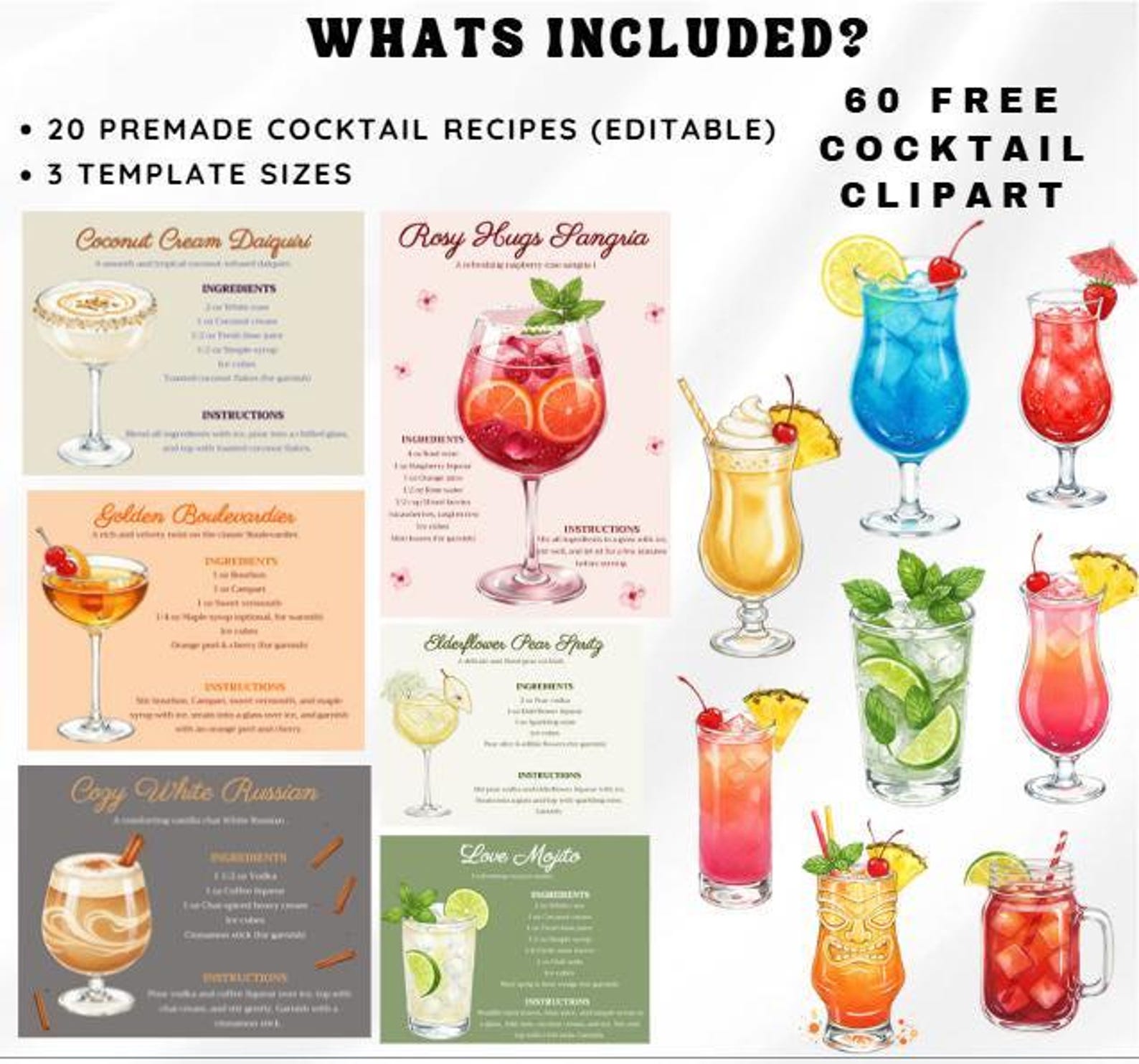 Editable Cocktail Recipe Card Template: Watercolor Illustrations ...