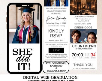 Cyfrowe zaproszenie na ukończenie szkoły z możliwością śledzenia RSVP, edytowalne zaproszenie na rok 2026, She Did It (pobranie cyfrowe, Canva)
