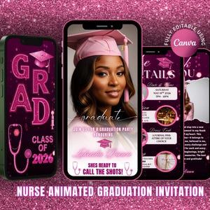 以下が含まれることがあります： 3台のスマートフォンに表示された看護師卒業招待状のデザイン。デザインは、ピンクのキャップをかぶった卒業生、「GRAD」と「CLASS OF 2026」の文字、「NURSE ANIMATED GRADUATION INVITATION」の文字が特徴です。