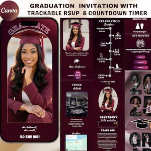 Könnte beinhalten: Ein Abschluss-Einladungsdesign in Burgunderrot. Die Einladung enthält ein Foto eines Absolventen, Veranstaltungsdetails, einen Countdown-Timer und den Text "Graduation Invitation with Trackable RSVP & Countdown Timer."